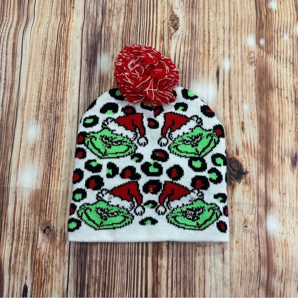 Grinch Light Up Christmas Pom Beanie  White/Green One Size